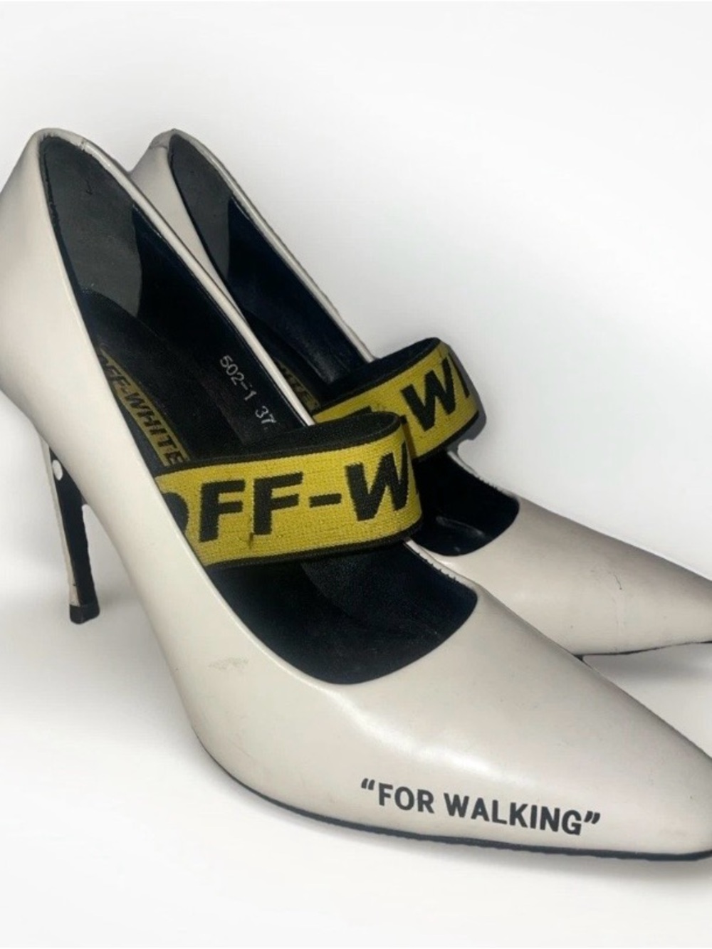 Off-White White Pointed Toe Pumps with Yellow Logo Strap